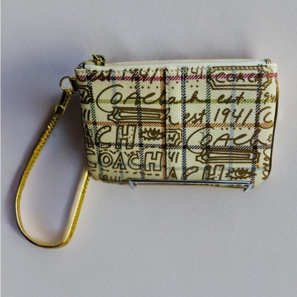 Coach Poppy Graffiti Plaid Scribble Cream Bag Wallet / Wristlet - No Tag - Picture 1 of 10